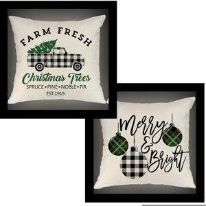 Christmas Linen Farmhouse Pillow Covers Green Black Ivory Plaid - Set of 2